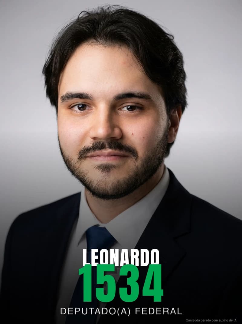 Santinho do Leonardo nas cores do MDB, com nome e número